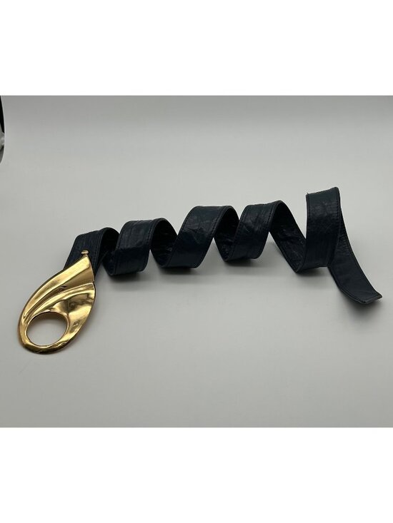 MZA Of NY Accessories - Vintage 1983 MZA Of NY Belt Navy Blue Leather Sculptural Gold Abstract Buckle